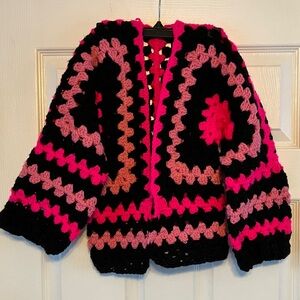 Handcrafted bright Neon pink lavender black crochet knit Girl’s S yarn cardigan